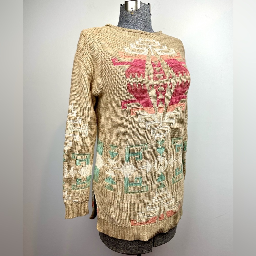 Lauren Ralph Lauren Beige Aztec Knit Sweater with Pink and Teal Accents